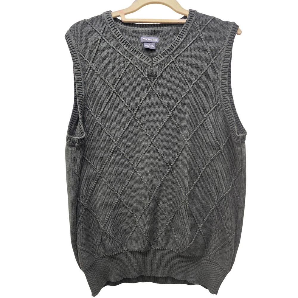 St Johns Bay Mens Medium Gray Cotton Diamond Knit V-Neck Sweater Vest